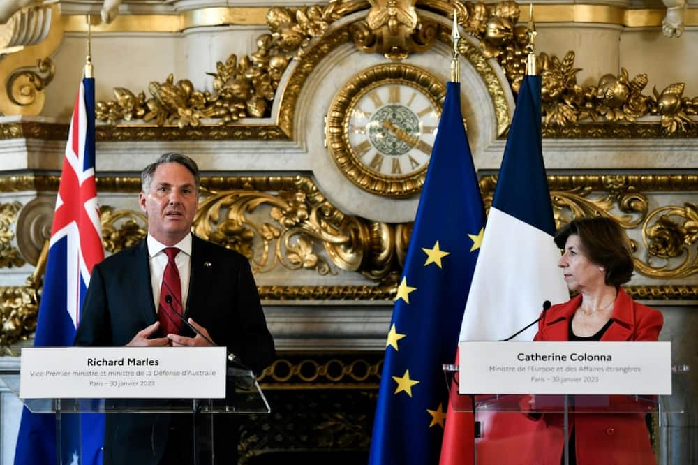 Australian Defence Minister Richard Marles speaks next to French Foreign Minister Catherine Colonna
