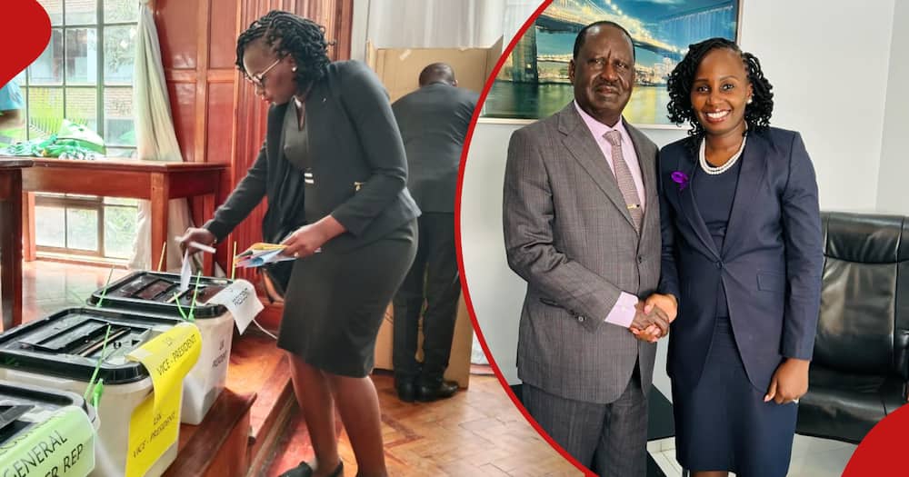 Collage photo of Faith Odhiambo casting her ballots and posing for a photo with Opposition leader Raila Odinga