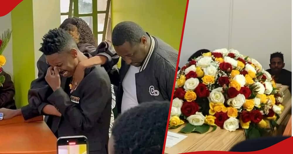Eric Omondi crying (l) during his brother Fred's memorial mass, Fred's casket (r) with wreaths on top.