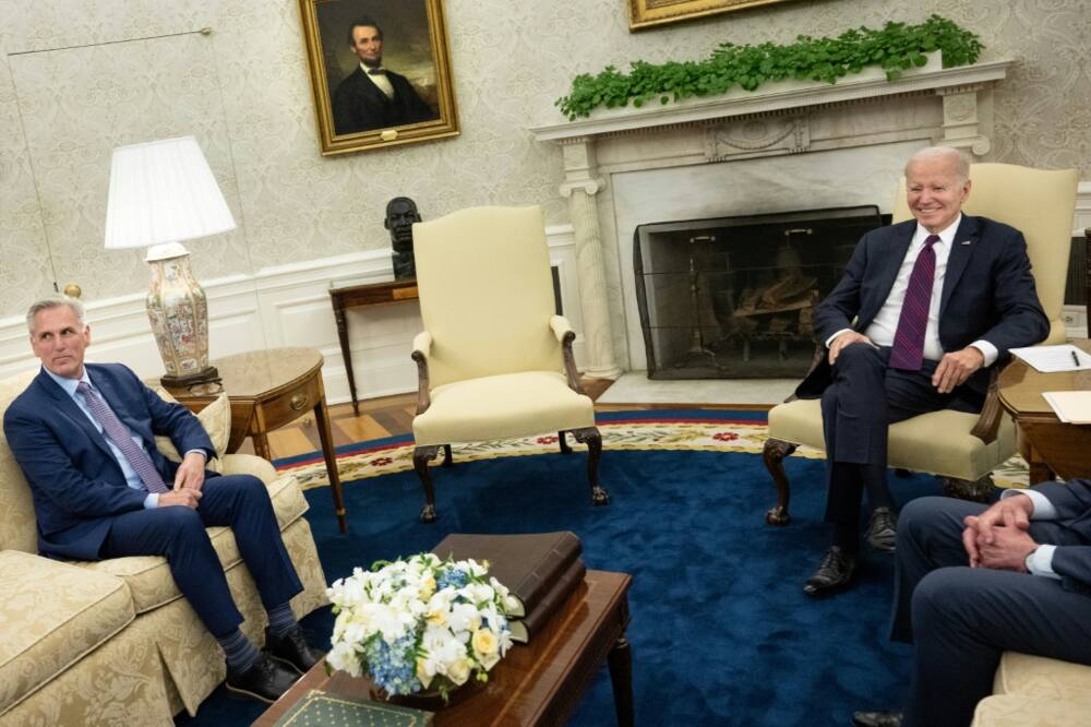 US President Joe Biden meets with US Speaker of the House Kevin McCarthy in the Oval Office on May 9, 2023