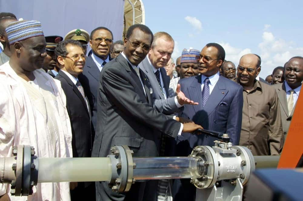 The 1,000-kilometre (600-mile) pipeline from Chad to Cameroon was launched in 2003 by then-president Idriss Deby Itno, centre