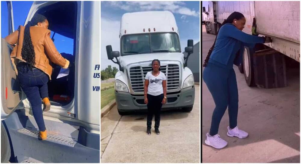 Photos of a lady who works as a truck driver.