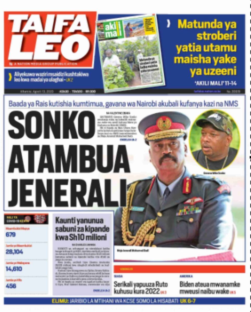 Kenyan newspapers review for August 13: Kilifi county on the spot for buying bar soaps at KSh 10M