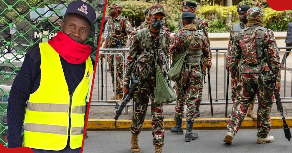Nairobi security guard Jonathan Mutua Muoka (l) poses for a photo outside Safaricom shop. Kenya police officers gather while looking at protesters during demonstrations (r).
