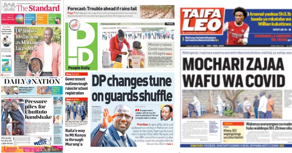 Newspapers Review for September 1: Uhuru, Ruto under Pressure to Reconcile, Have Handshake