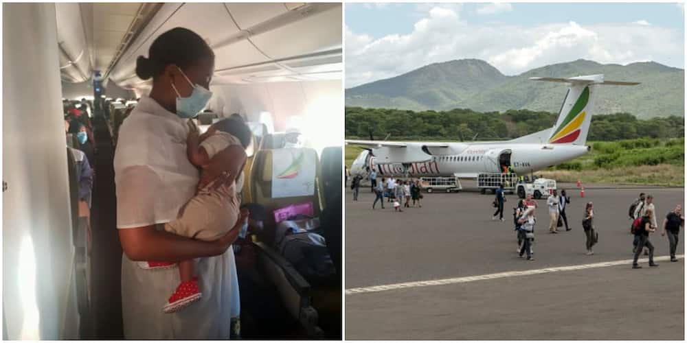 Social media reacts after an air hostess who left her ten months old kid at home is spotted carrying another lady's baby on a plane. Photo Credit: Andrew Woodley, LinkedIn/Maliha Omar.