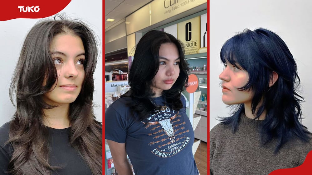 A photo collage of three hush cut hairstyles for medium hair