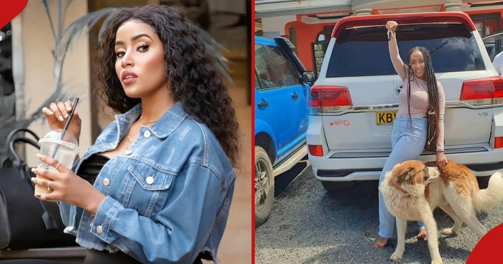 Slain socialite Starlet Wahu stands next to her Toyota Land Cruiser (r).