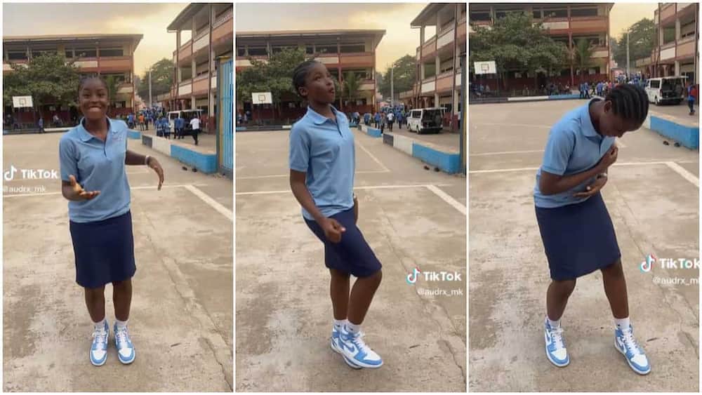 Student in school uniform showed off cool moves. Photo: TikTok/@audrx_mk.