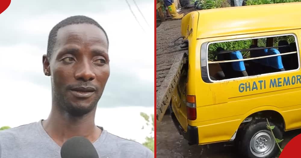 Tanzanian man Emmanuel Laizer (l) during an interview. The van that carried the school children (r).