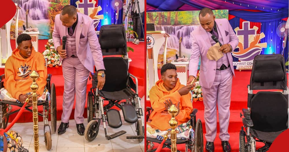 Muthee Kiengei hands over electric wheelchair and KSh 50k to Steven.