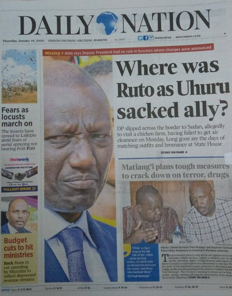 Kenyan newspapers review for January 16: William Ruto, Kiunjuri were visiting chicken farm in Sudan as Uhuru fired Agriculture CS