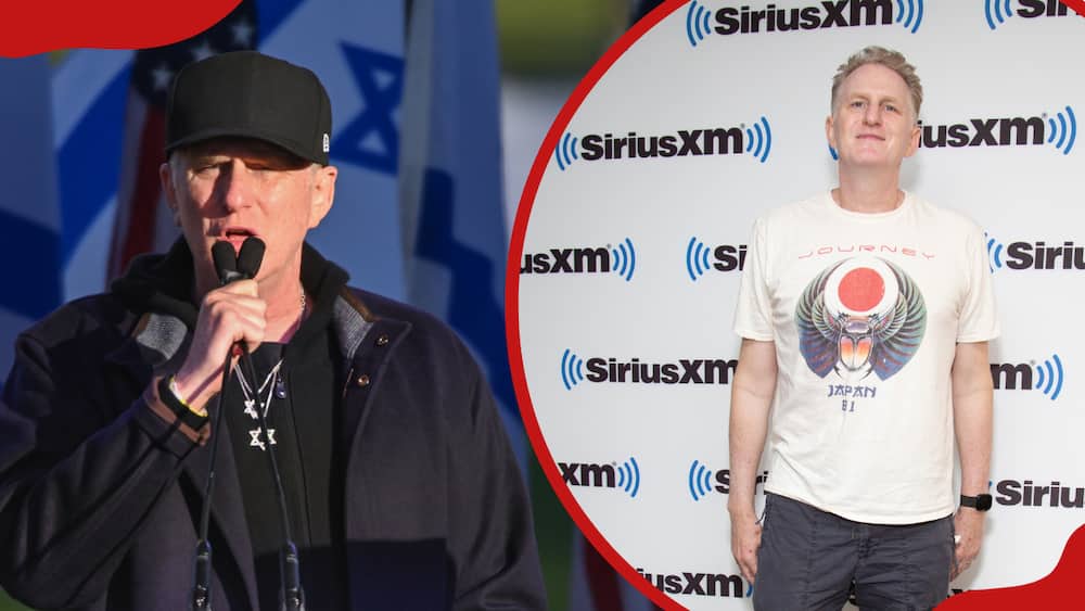 Michael Rapaport speaks during 'March for Israel' at the National Mall in Washington, DC. (L) and the actor at SiriusXM Studios (R)