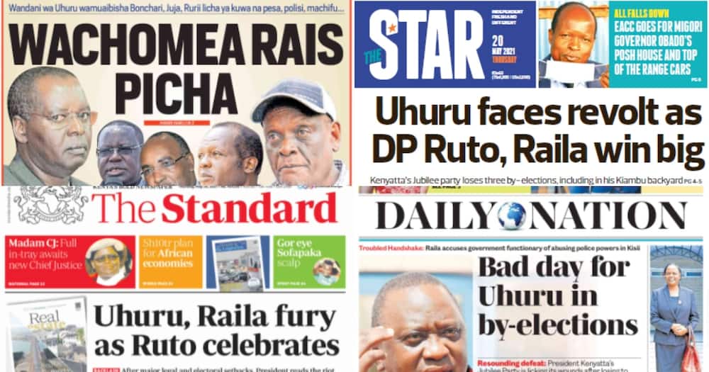 Kenyan newspapers for May 20. Photo: The Standard, Daily Nation, People Daily and Taifa Leo.