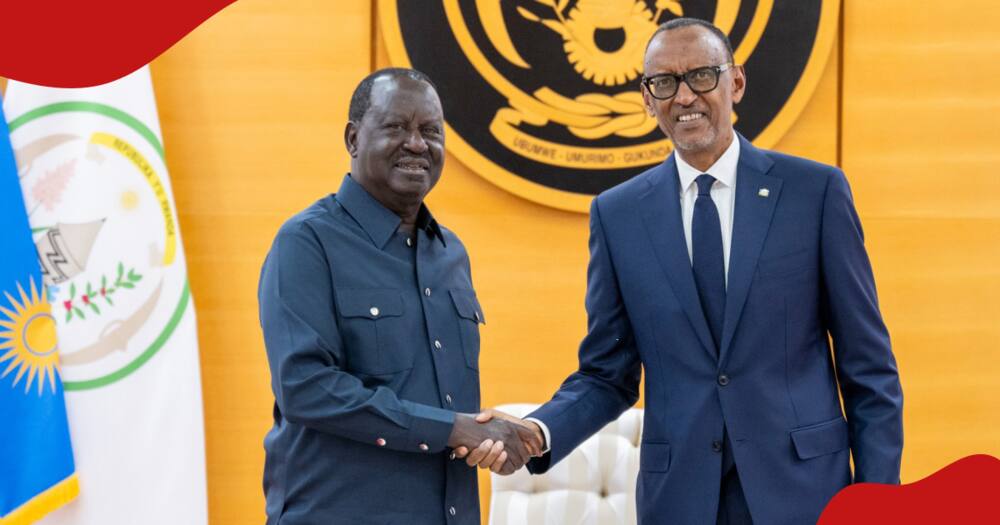 Raila Odinga and Paul Kagame after holding a meeting in Rwanda.