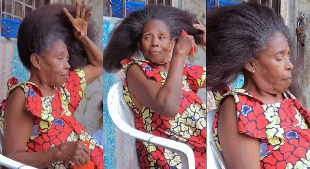 Photos of woman combing her thick hair.