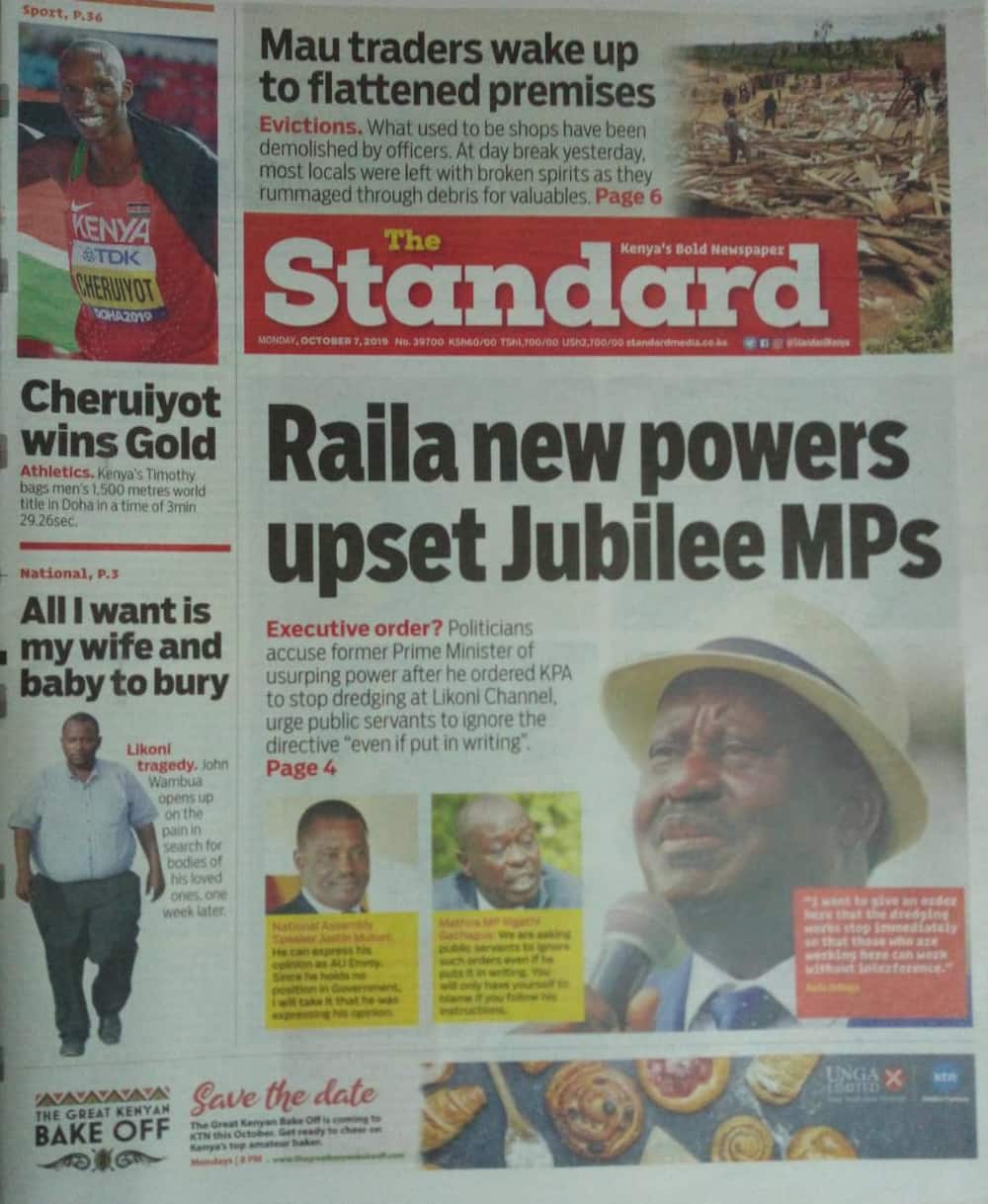 Kenyan newspapers review for October 7: Dredging works on despite stop orders by Raila Odinga