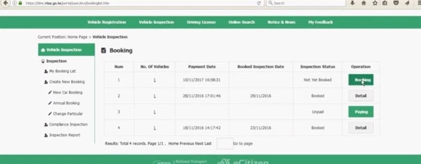 NTSA inspection booking procedure and fees