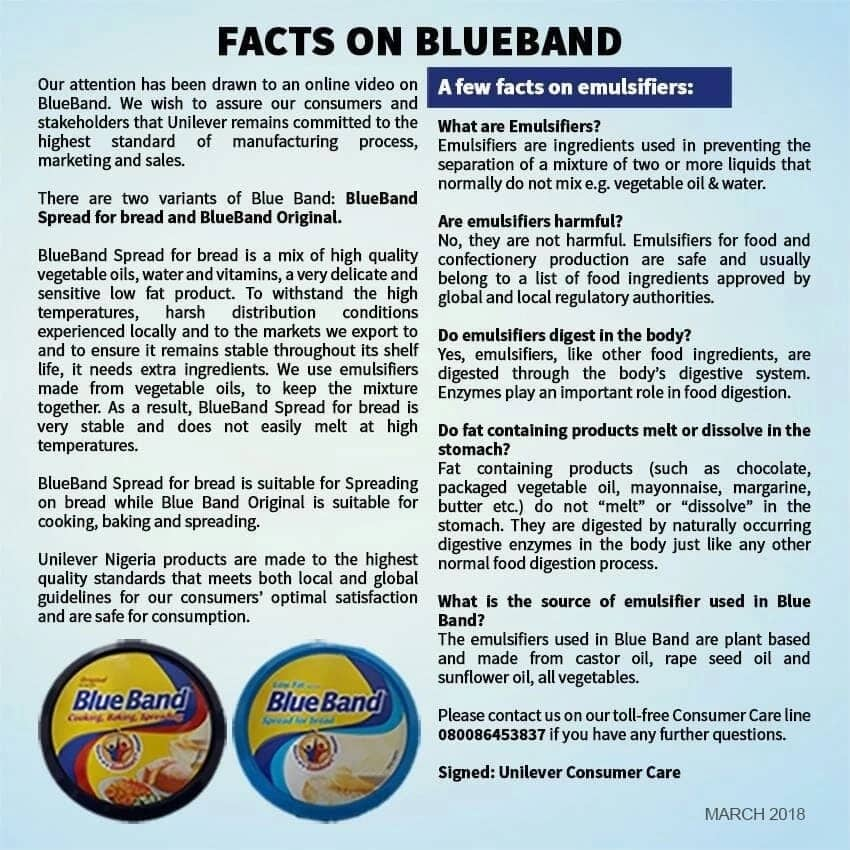 Uniliver's explanation on why Blue Band spread does not melt as captured in viral video