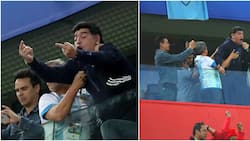 Argentina's legend Maradona in middle-finger celebration after his side's narrow escape