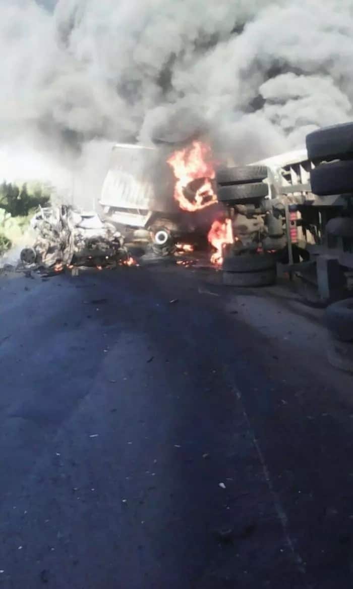 PHOTOS, Video: motorist burns to death on Mai Mahiu Road after fuel tanker burst into flames