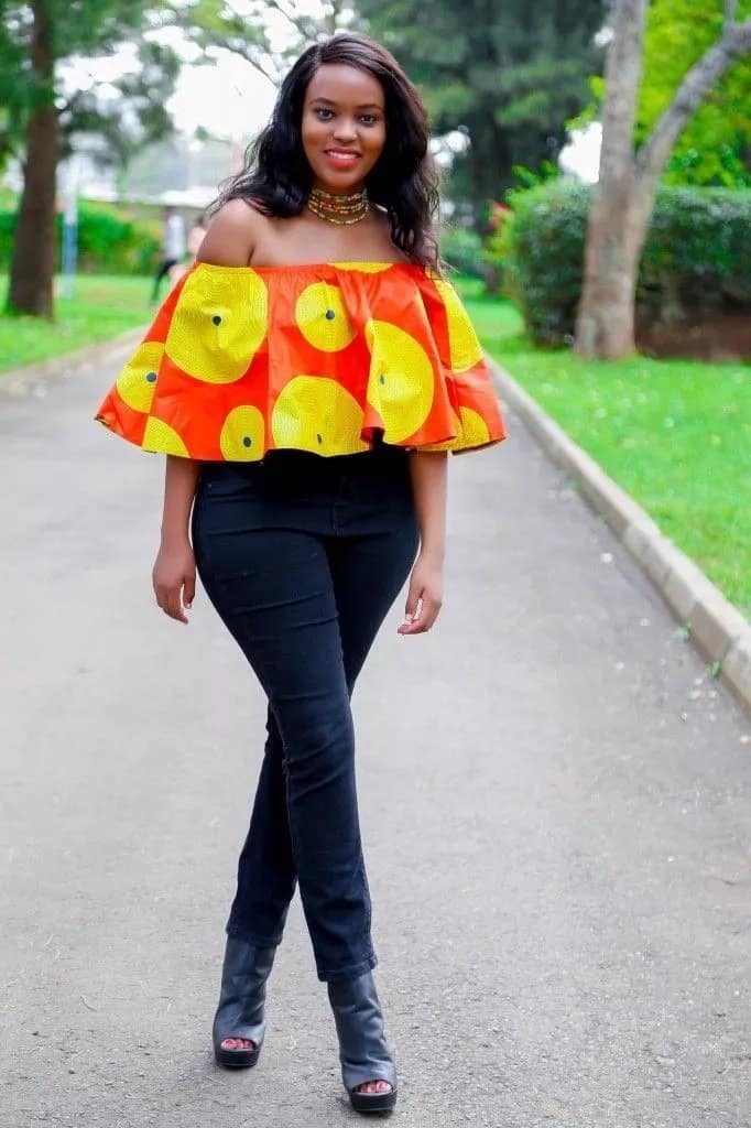 Off-shoulder Ankara tops designs to pair with jeans or skirts 