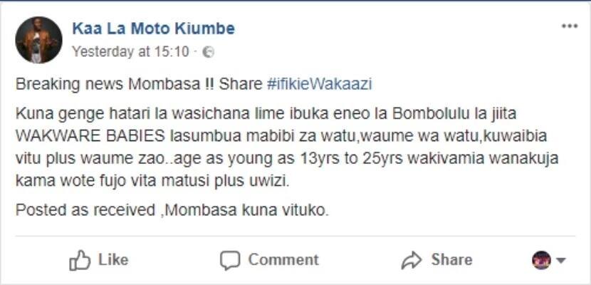 Kundi la wasichana hatari wahangaisha wanawake Bombolulu kwa kuwapiga na kuwanyang'anya waume wao