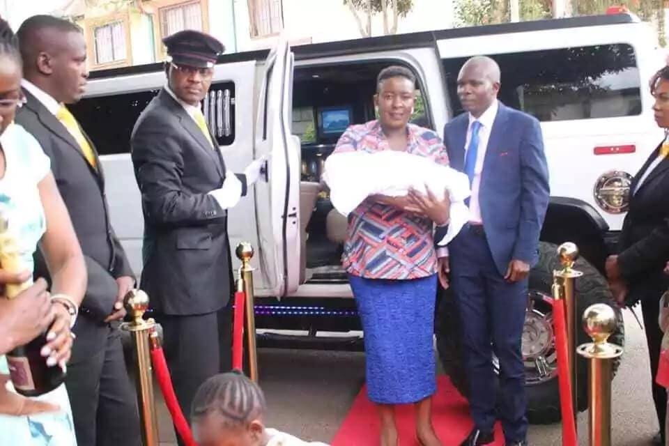 Former senator and politician hubby drive newborn baby home in Hummer limousine