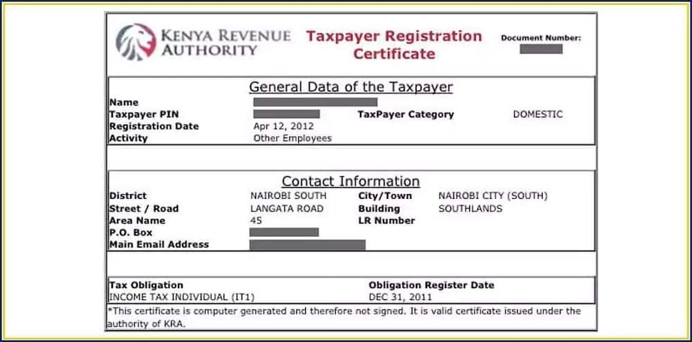 KRA pin certificate