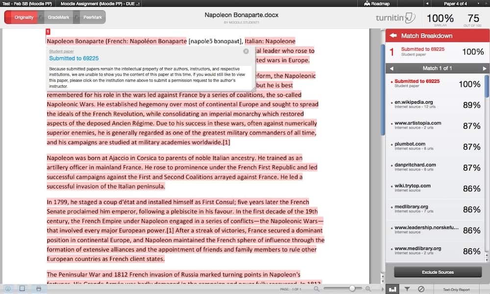 A screenshot of how Turnitin marks plagiarized areas in a paper