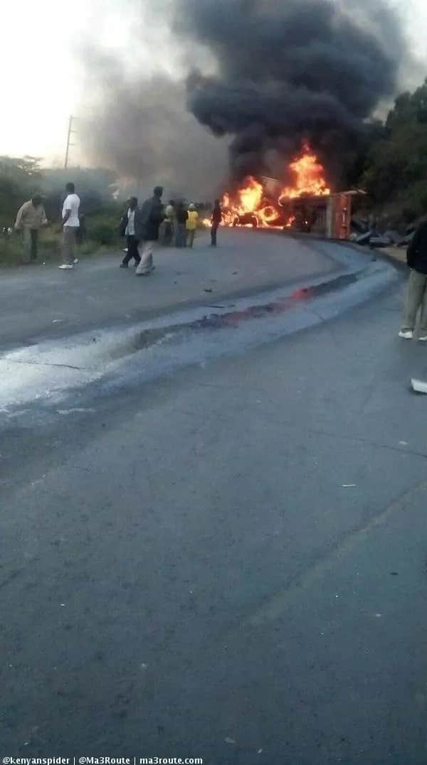 PHOTOS, Video: motorist burns to death on Mai Mahiu Road after fuel tanker burst into flames