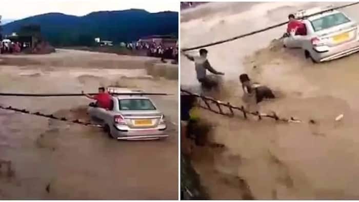 Heroic! Watch dramatic moment man plunges into raging floodwaters to save struggling woman