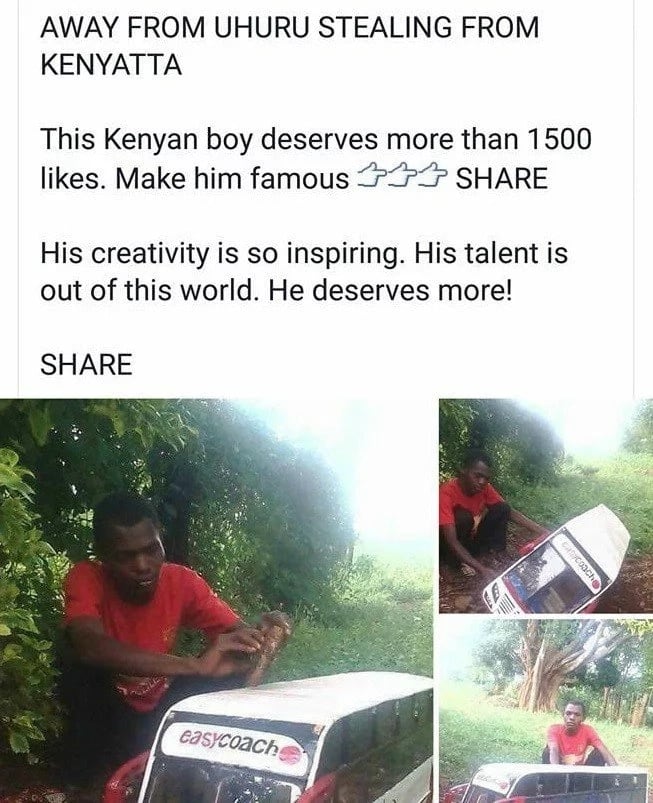 19 year-old-boy who stunned Kenyans with an exact replica of Easy Coach bus hire by the company