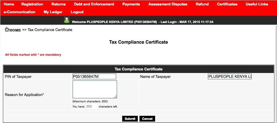 KRA tax compliance certificate application procedure