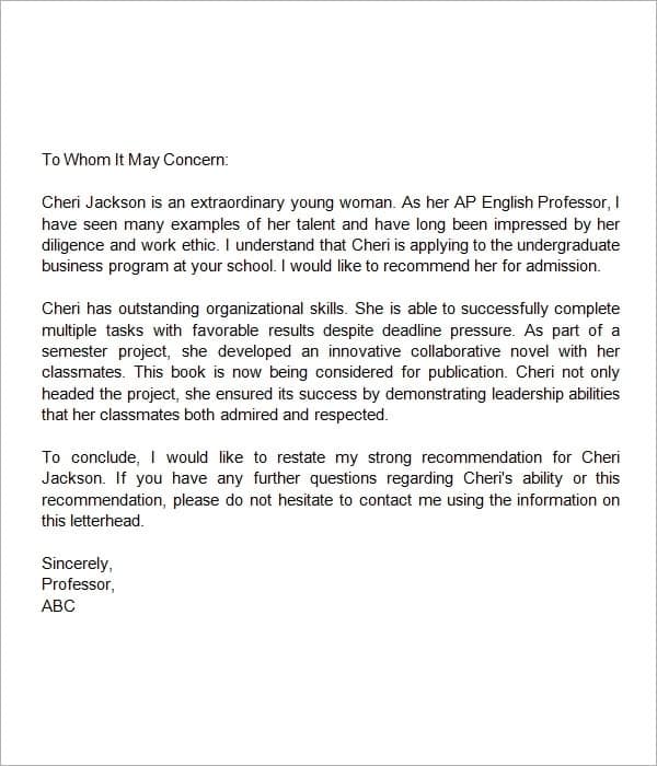 recommendation letter for student internship