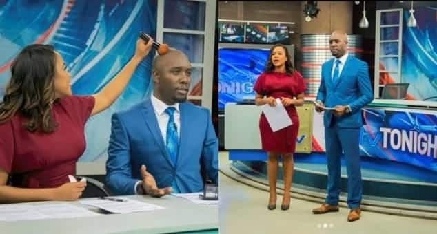 Mtangazaji wa TV Olive Burrows alemewa na bashasha baada ya mtangazaji mwenza Dennis Okari kumzawadi kwa mchoro maridadi