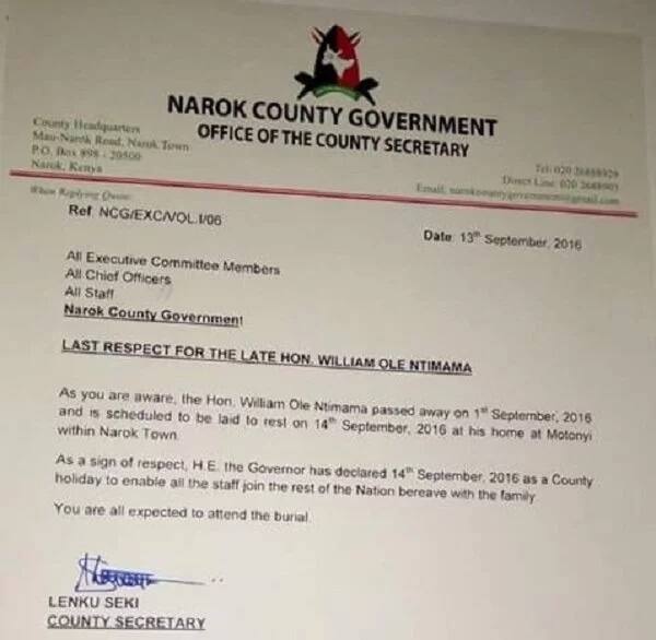 Narok county declares public holiday for Ntimama's burial