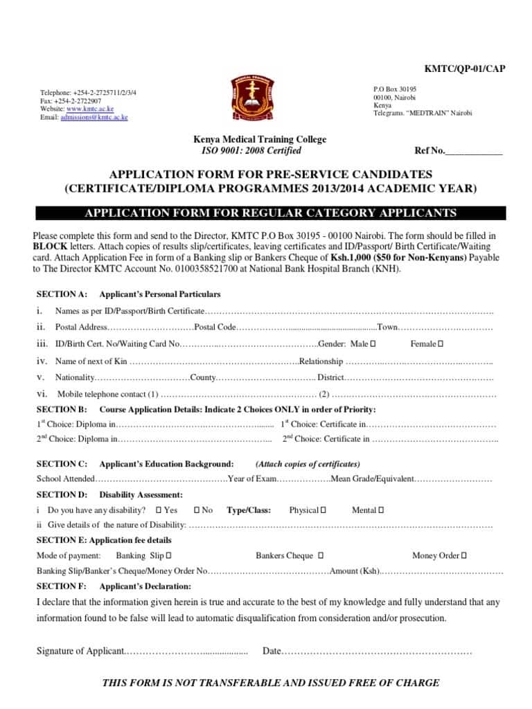 KMTC online application 2021/2022 portal, requirements, forms