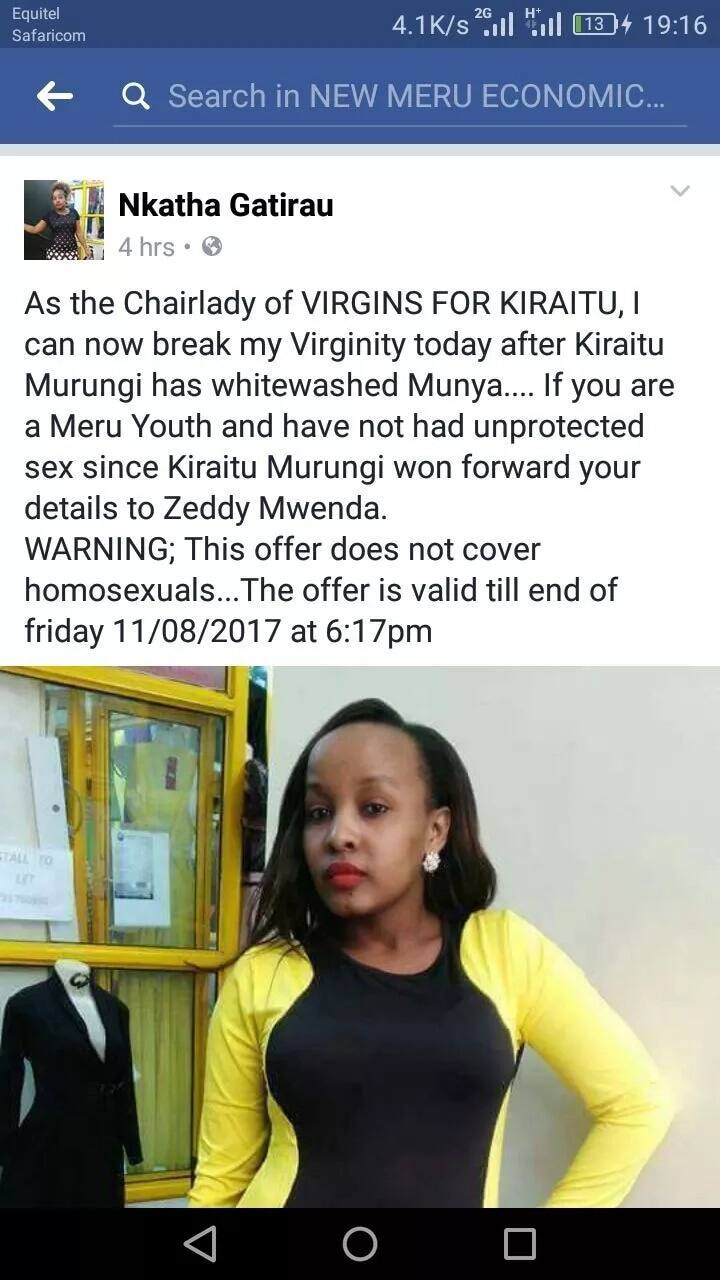 Binti wa kaunti ya Meru adai kuwa atavunja ubikra wake baada ya Kiraitu kumshinda Munya