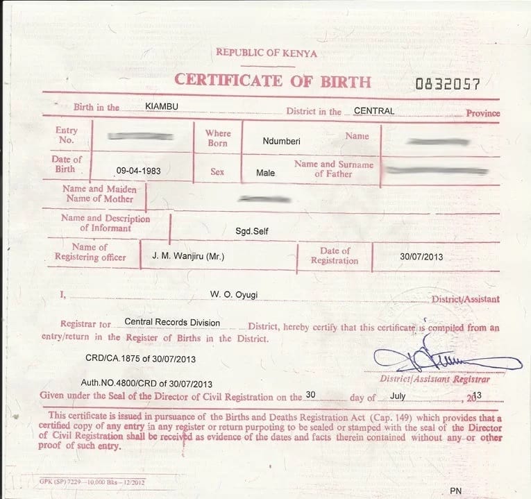 Birth certificate application