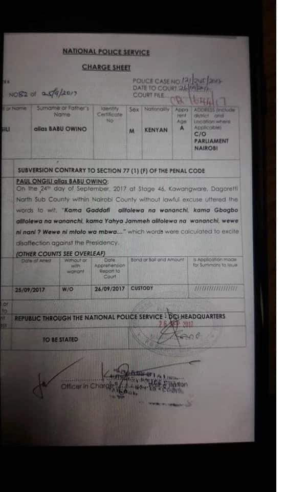 Babu Owino has not been charged for insulting Uhuru and his mum and we have the charge sheet