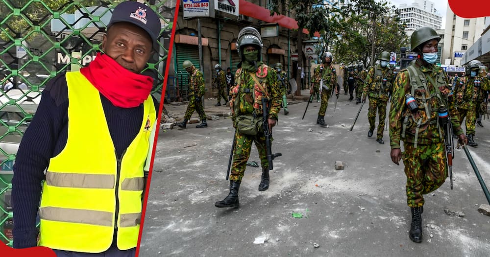 Jonathan Mutua Muoka poses for photo (l). Kenyan police officers intervene in people during a protest (r).