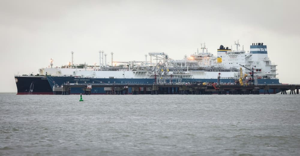 The Liquefied Natural Gas tanker Maria Energy delivers LNG produced from fracking in the United States to the LNG port of Wilhelmshaven in Germany