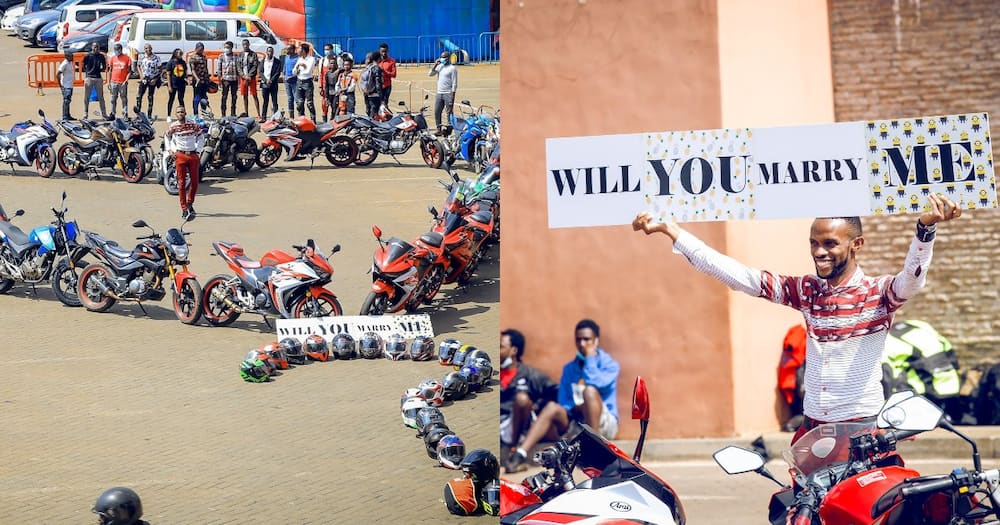 Nduthi gang: Lovestruck man stops business at Garden City to propose to lover using numerous motorbikes