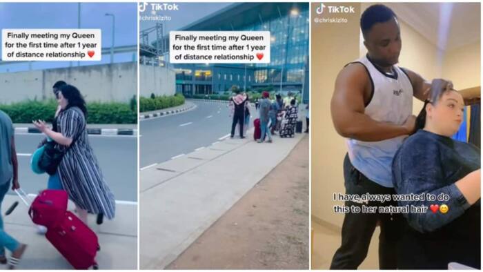 "Welcome to Nigeria, my love": Man finally meets Oyinbo lady he's been dating online for a year in cute video