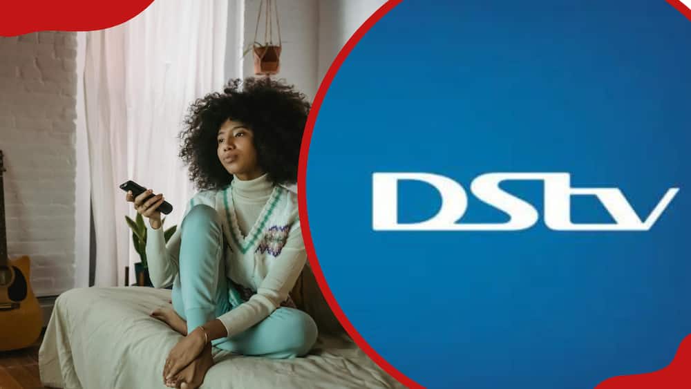 A woman holding a TV remote (L) and DStv logo (R)