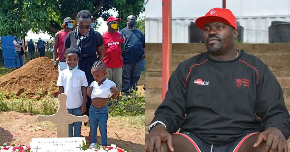 Late Benjamin Ayimba (r) and his children standing next to his grave (l).