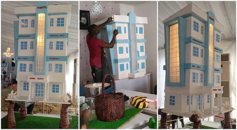 Nigerian baker, Sucyboy Okatex displays giant cake that looks like mansion.