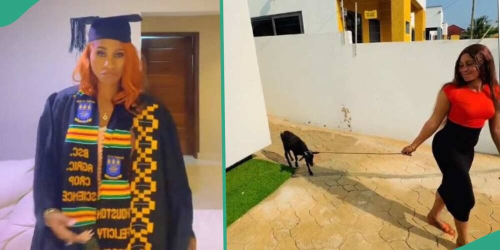 Lady makes people laugh as she shows off goat she got as graduation gift.
