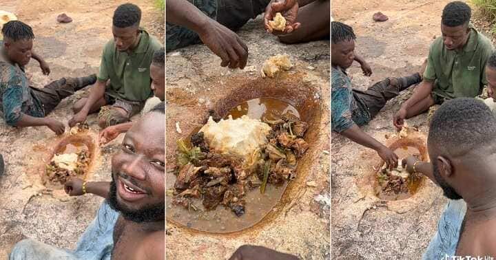 Farmers eat fufu and soup from the floor
